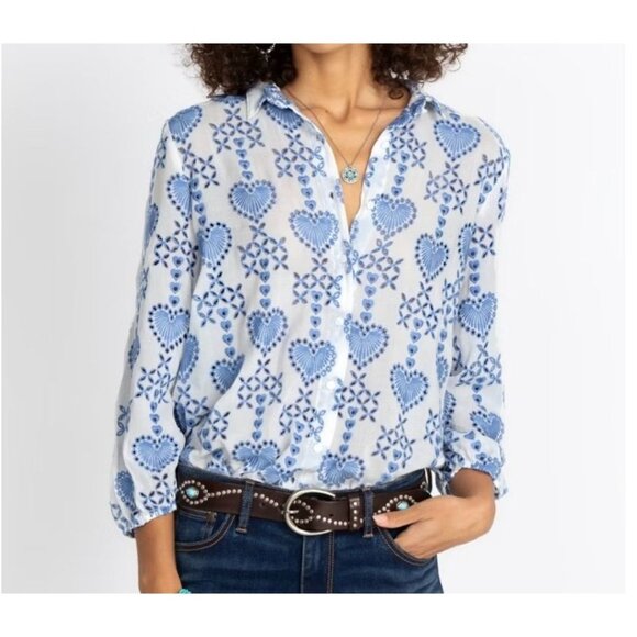 Johnny Was Shell Embroidered Blouse S White Blue Collared EUC - Picture 1 of 8
